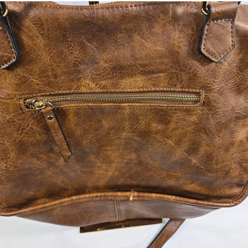 Brown Vegan Leather Whipstitch Boho Satchel Crossbody Bag with Geometric Lining